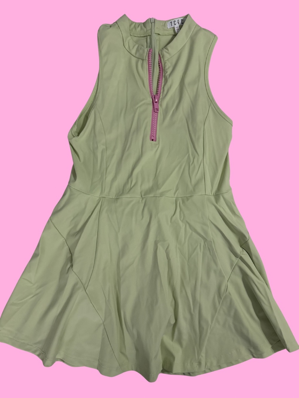 TCEC Sleeveless Tennis Dress in Light Green with Pink Zip